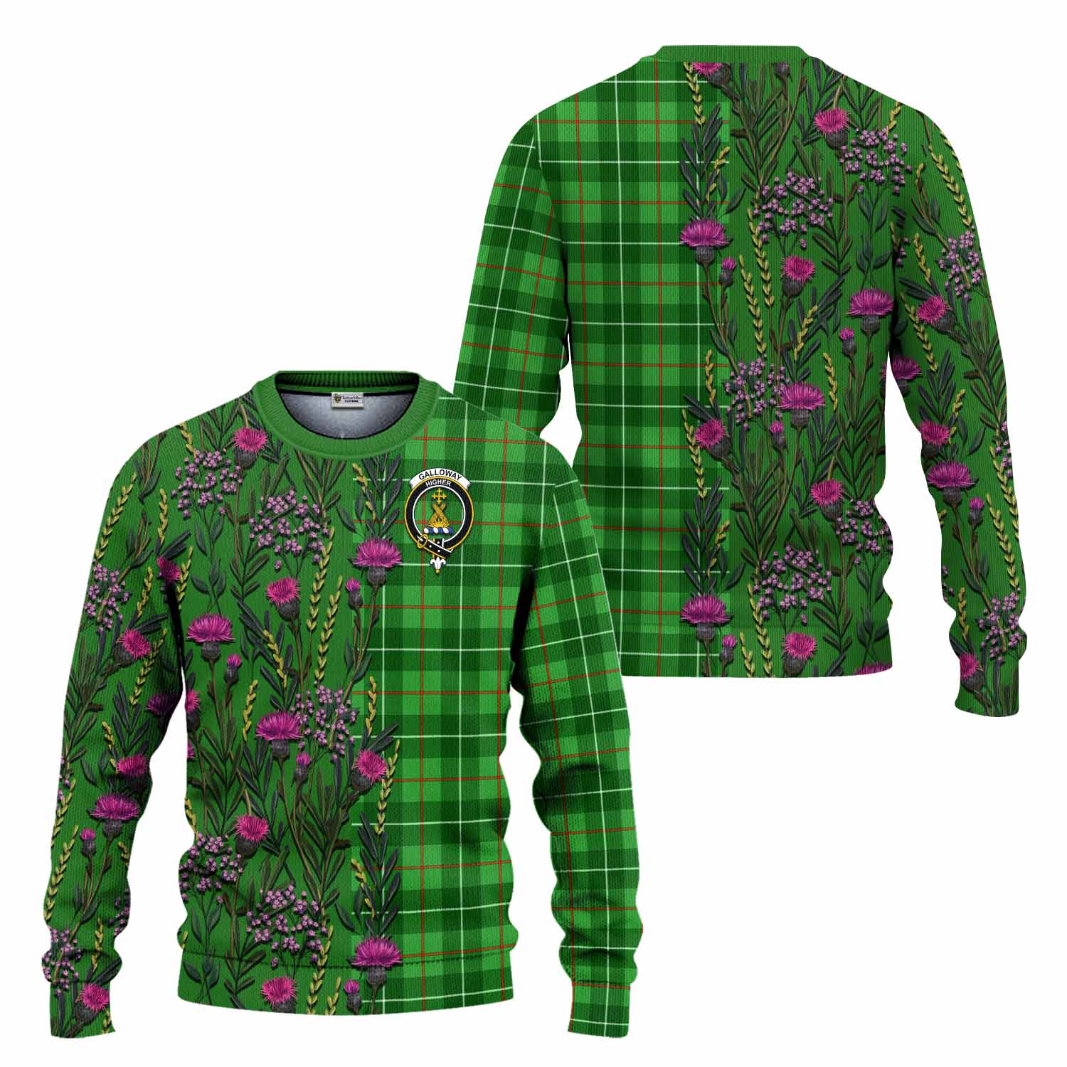 Galloway Family Crest Tartan Knitted Sweater Scottish Thistle Flower Pattern Half Style - Tartan Vibes Clothing