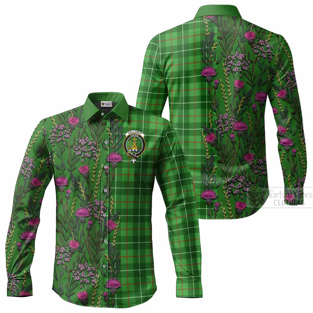 Galloway Family Crest Tartan Long Sleeve Button Shirts Scottish Thistle Flower Pattern Half Style - Tartan Vibes Clothing