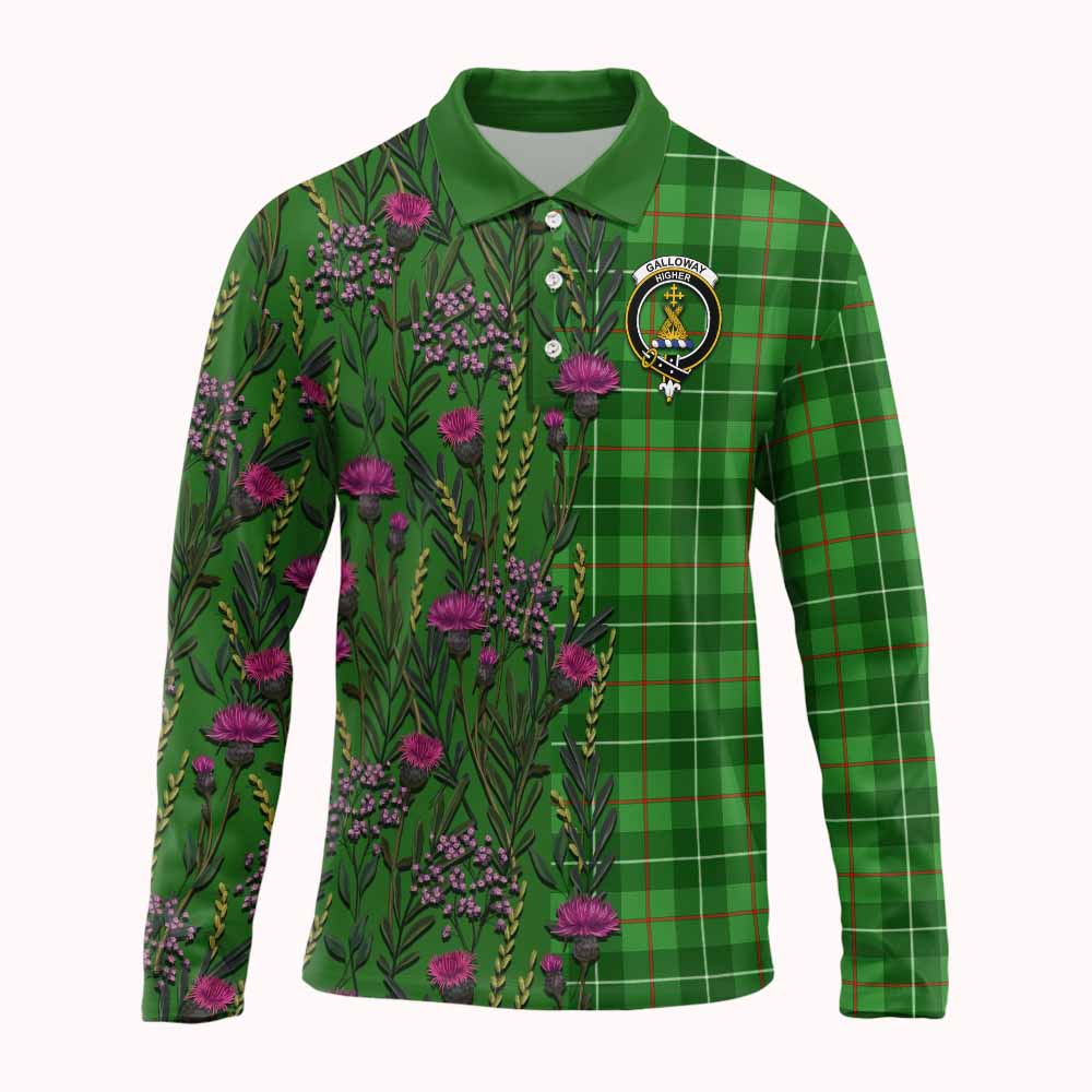 Galloway Family Crest Tartan Long Sleeve Polo Shirt Scottish Thistle Flower Pattern Half Style - Tartan Vibes Clothing