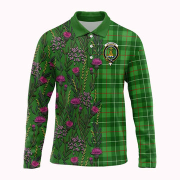 Galloway Family Crest Tartan Long Sleeve Polo Shirt Scottish Thistle Flower Pattern Half Style