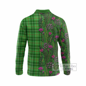 Galloway Family Crest Tartan Long Sleeve Polo Shirt Scottish Thistle Flower Pattern Half Style