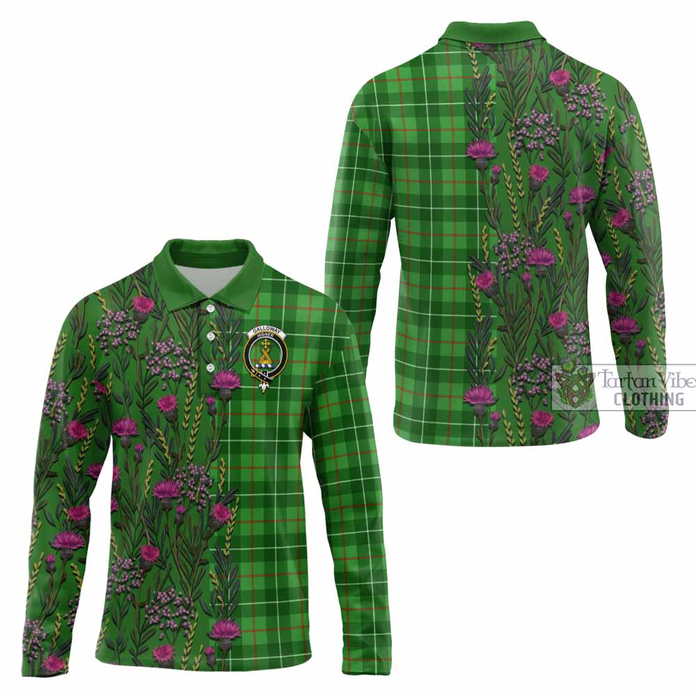 Galloway Family Crest Tartan Long Sleeve Polo Shirt Scottish Thistle Flower Pattern Half Style - Tartan Vibes Clothing