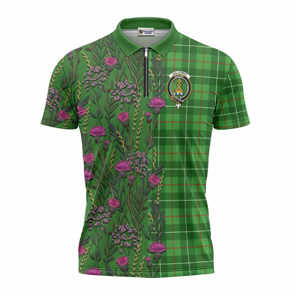 Galloway Family Crest Tartan Zipper Polo Shirt Scottish Thistle Flower Pattern Half Style - Tartan Vibes Clothing