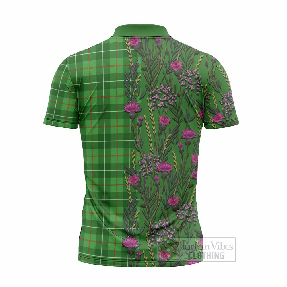 Galloway Family Crest Tartan Zipper Polo Shirt Scottish Thistle Flower Pattern Half Style - Tartan Vibes Clothing