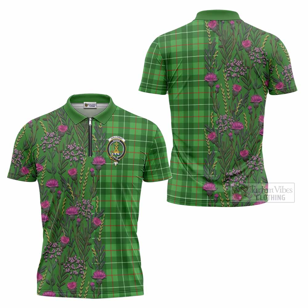 Galloway Family Crest Tartan Zipper Polo Shirt Scottish Thistle Flower Pattern Half Style - Tartan Vibes Clothing