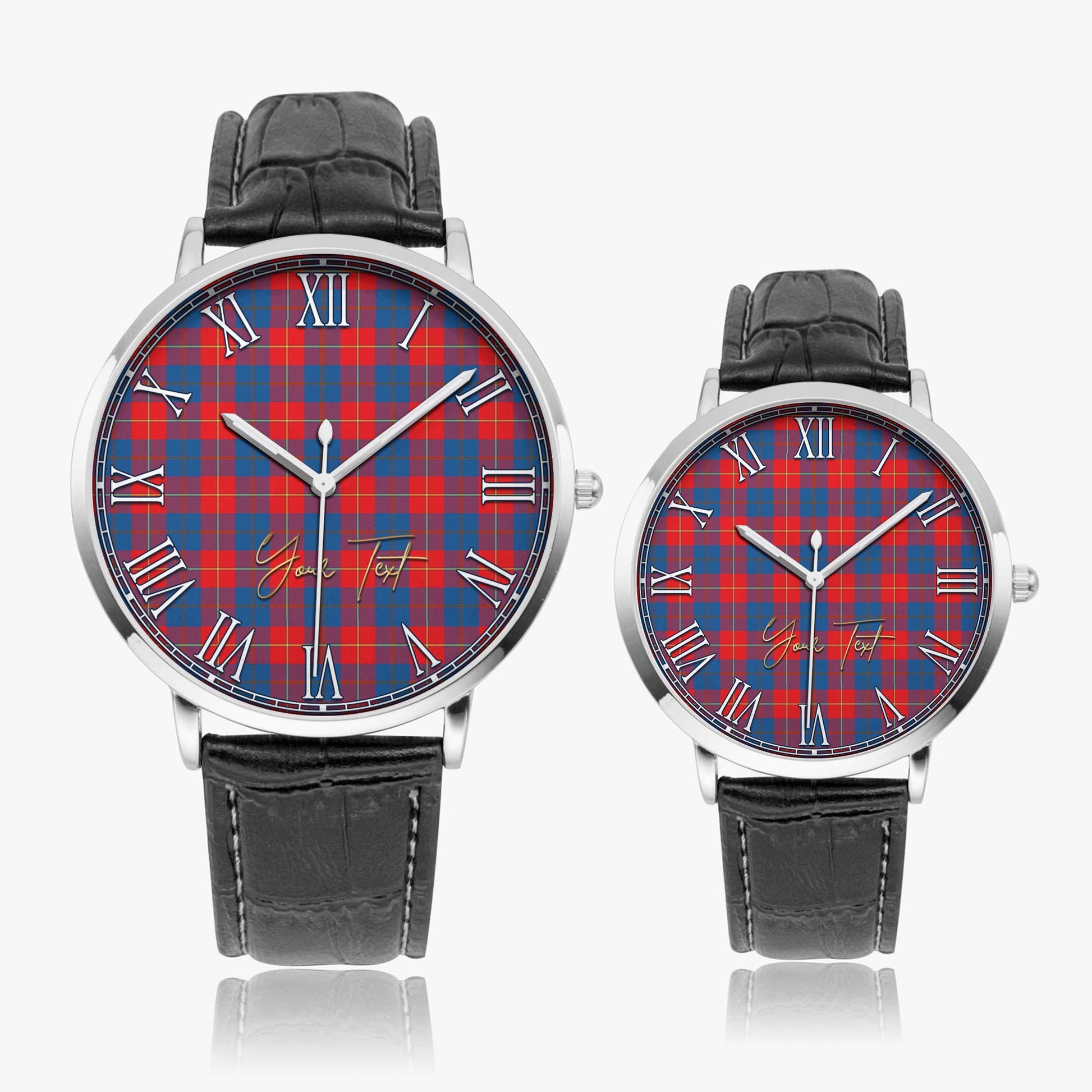 Galloway Red Tartan Personalized Your Text Leather Trap Quartz Watch Ultra Thin Silver Case With Black Leather Strap - Tartanvibesclothing