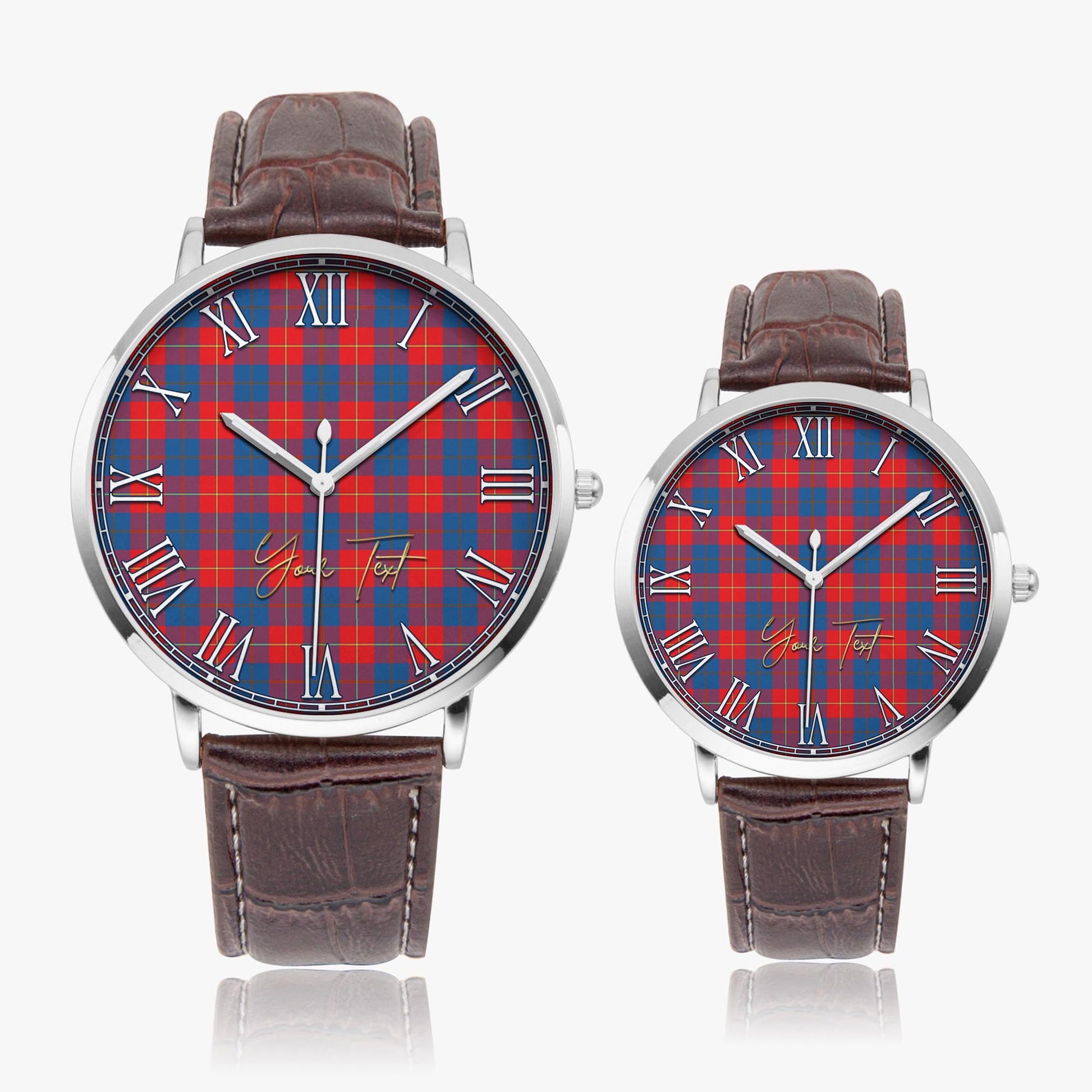 Galloway Red Tartan Personalized Your Text Leather Trap Quartz Watch Ultra Thin Silver Case With Brown Leather Strap - Tartanvibesclothing