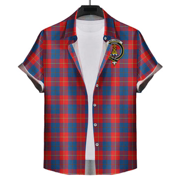 Galloway Red Tartan Short Sleeve Button Down Shirt with Family Crest
