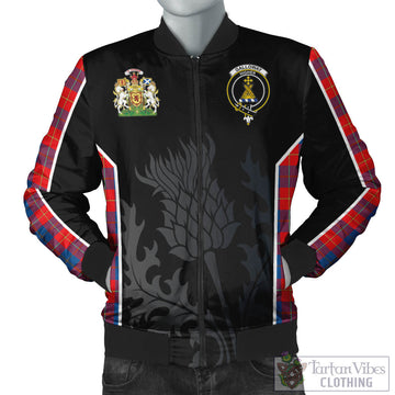 Galloway Red Tartan Bomber Jacket with Family Crest and Scottish Thistle Vibes Sport Style