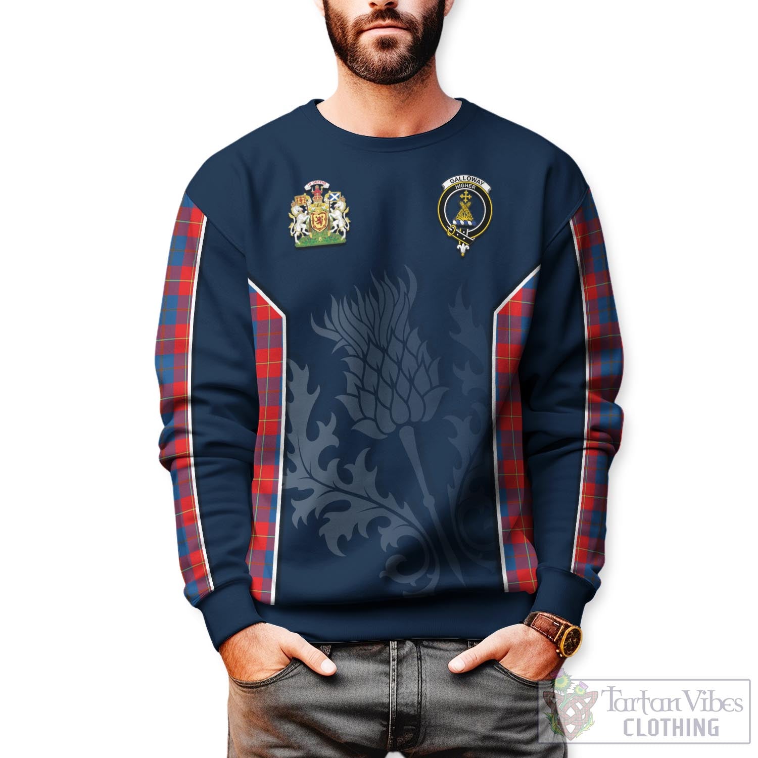 Tartan Vibes Clothing Galloway Red Tartan Sweatshirt with Family Crest and Scottish Thistle Vibes Sport Style
