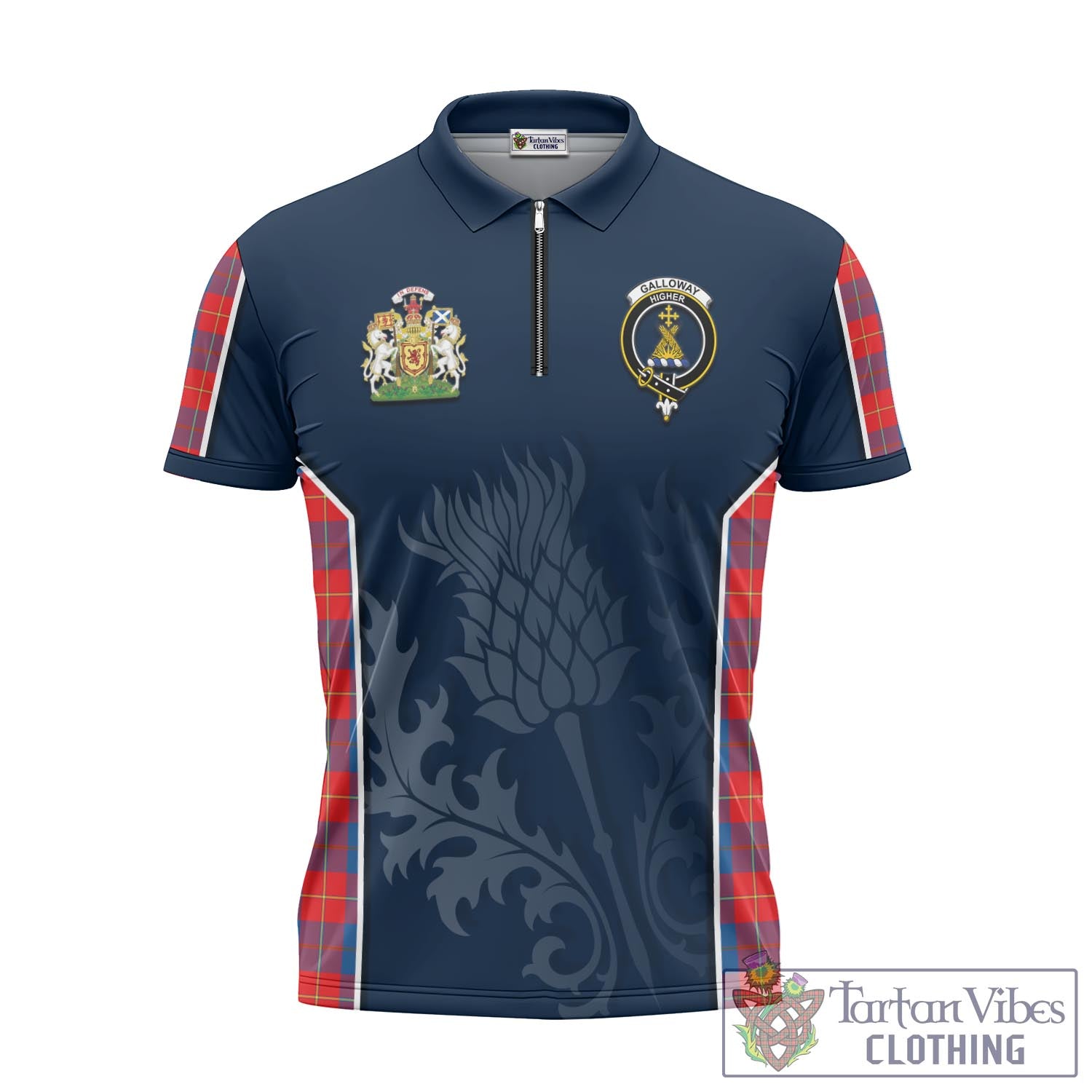 Tartan Vibes Clothing Galloway Red Tartan Zipper Polo Shirt with Family Crest and Scottish Thistle Vibes Sport Style