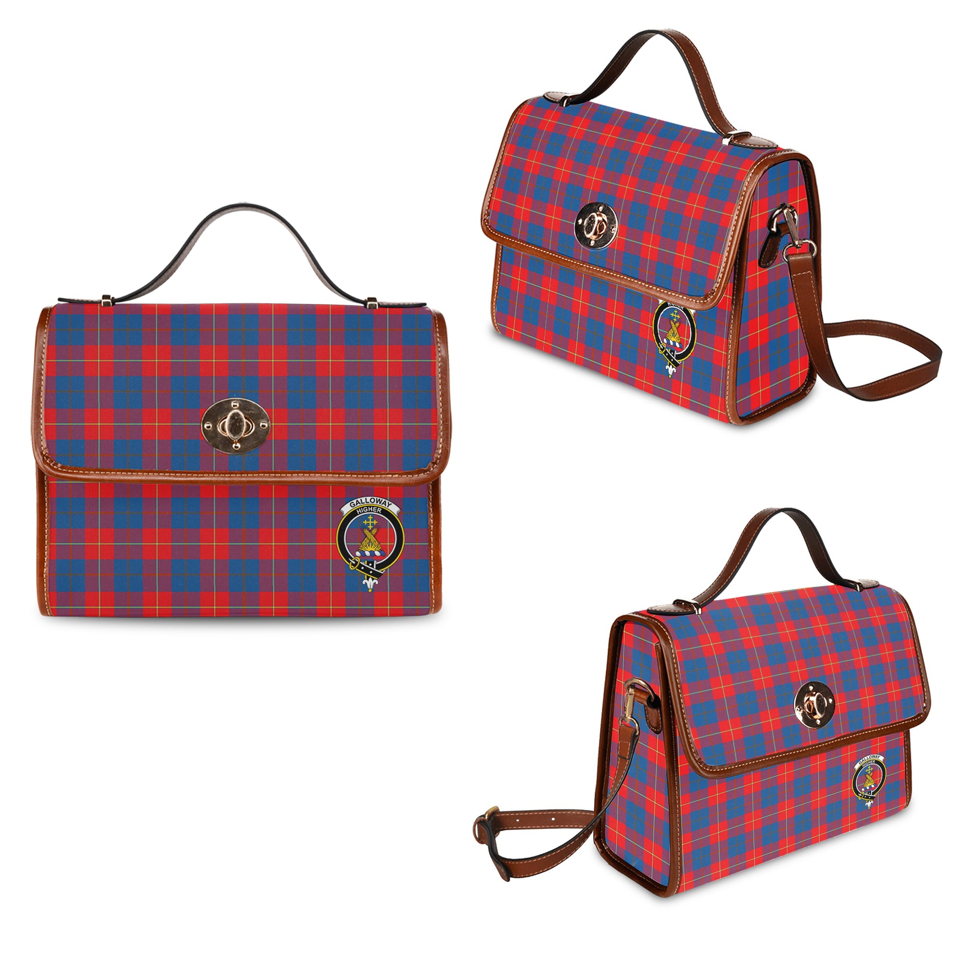 galloway-red-tartan-leather-strap-waterproof-canvas-bag-with-family-crest