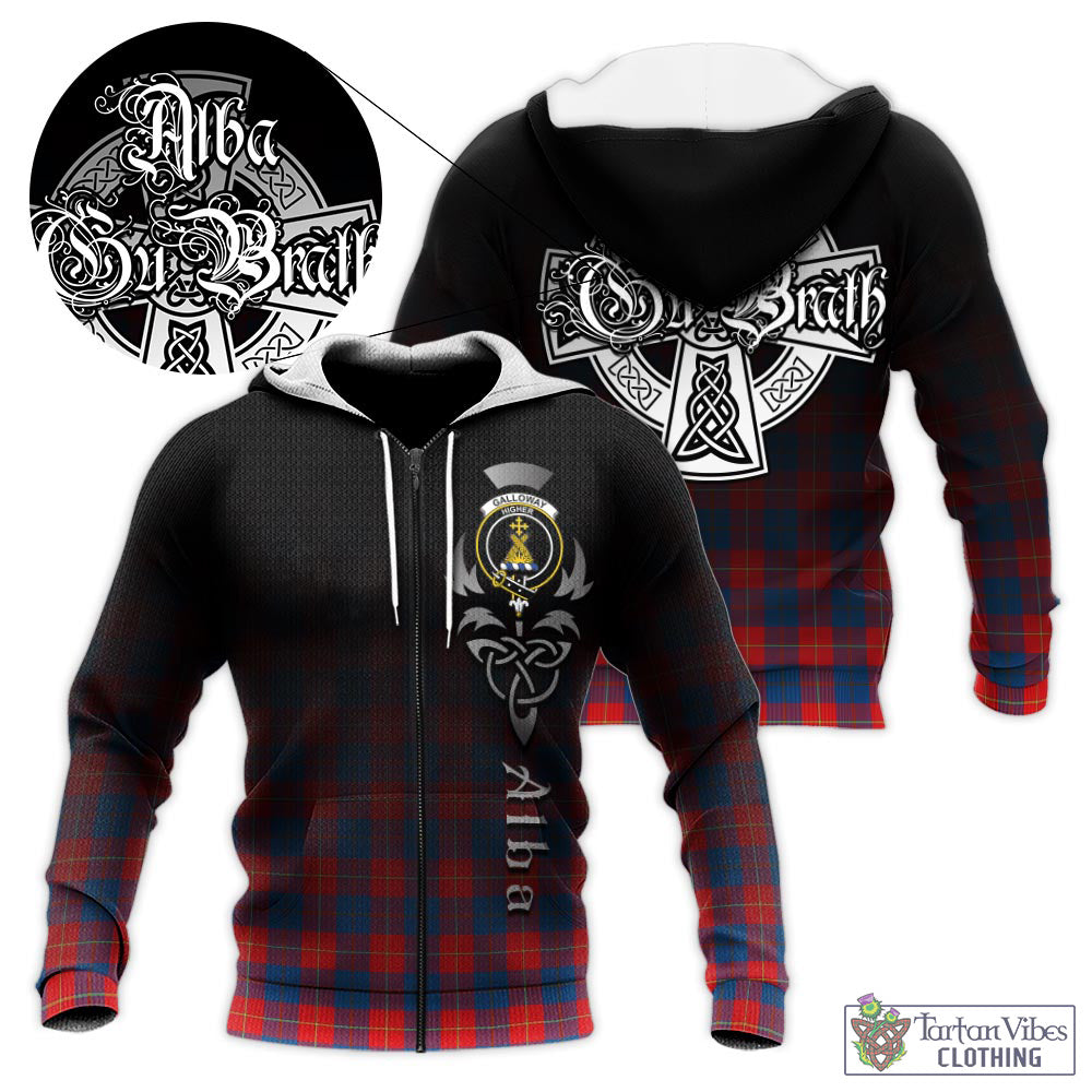 Tartan Vibes Clothing Galloway Red Tartan Knitted Hoodie Featuring Alba Gu Brath Family Crest Celtic Inspired