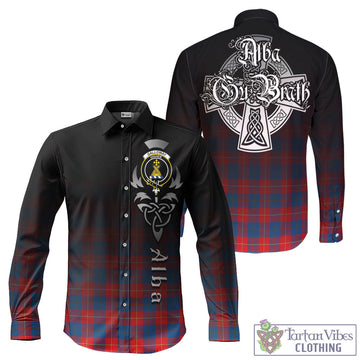 Galloway Red Tartan Long Sleeve Button Up Featuring Alba Gu Brath Family Crest Celtic Inspired