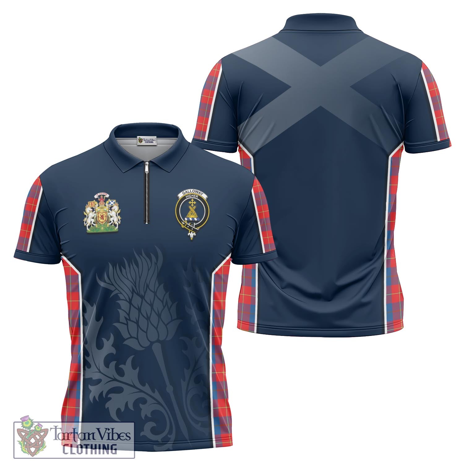 Tartan Vibes Clothing Galloway Red Tartan Zipper Polo Shirt with Family Crest and Scottish Thistle Vibes Sport Style