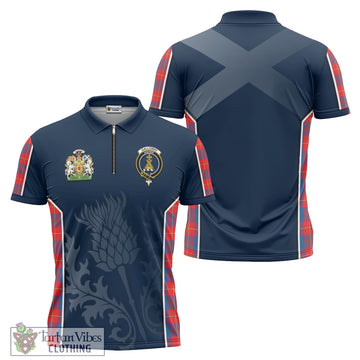 Galloway Red Tartan Zipper Polo Shirt with Family Crest and Scottish Thistle Vibes Sport Style