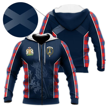 Galloway Red Tartan Knitted Hoodie with Family Crest and Scottish Thistle Vibes Sport Style