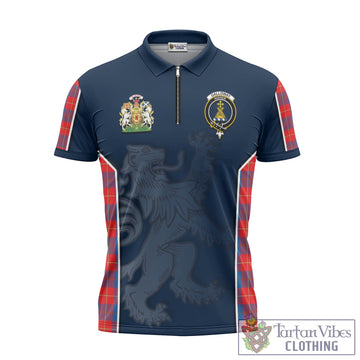 Galloway Red Tartan Zipper Polo Shirt with Family Crest and Lion Rampant Vibes Sport Style