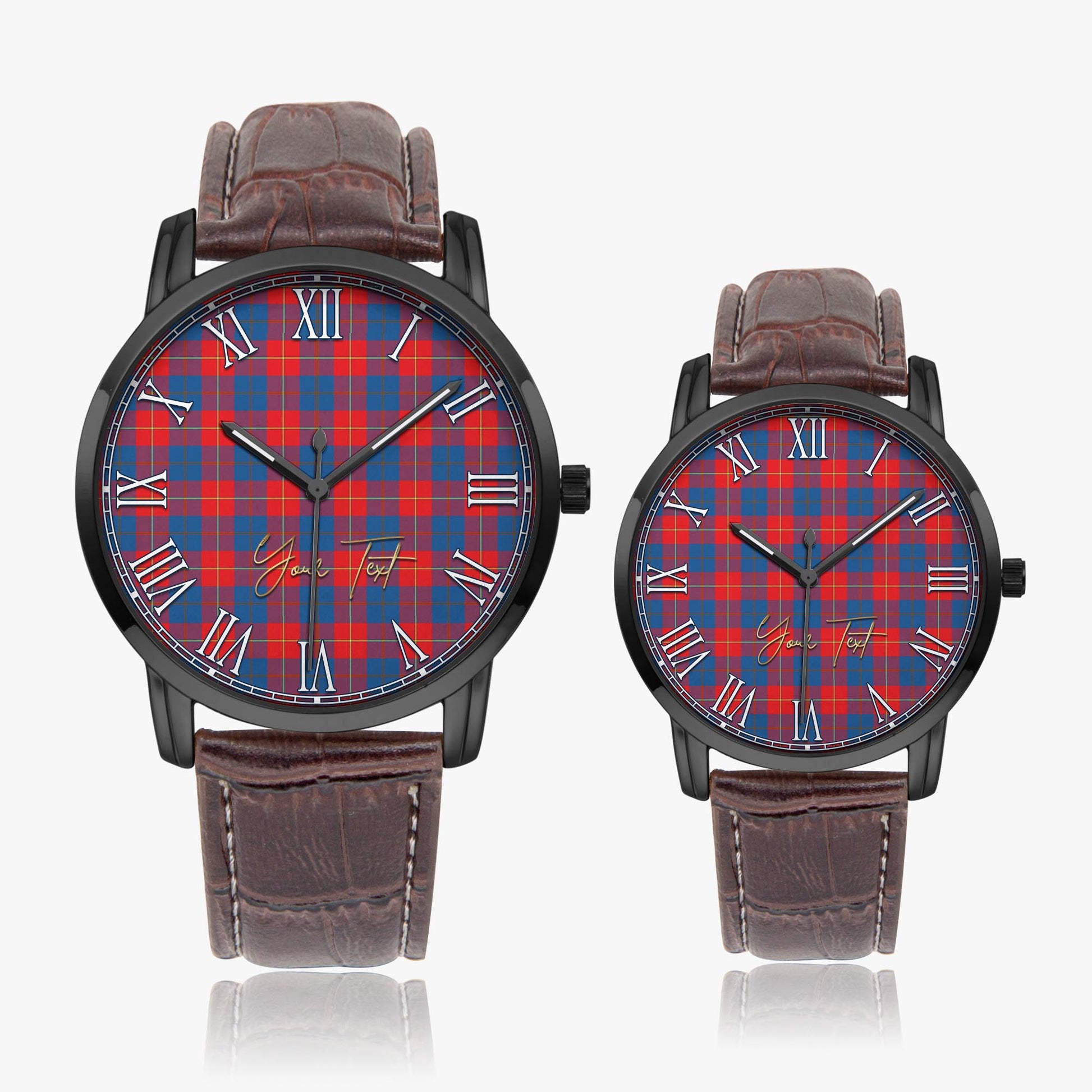 Galloway Red Tartan Personalized Your Text Leather Trap Quartz Watch Wide Type Black Case With Brown Leather Strap - Tartanvibesclothing