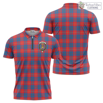 Galloway Red Tartan Zipper Polo Shirt with Family Crest