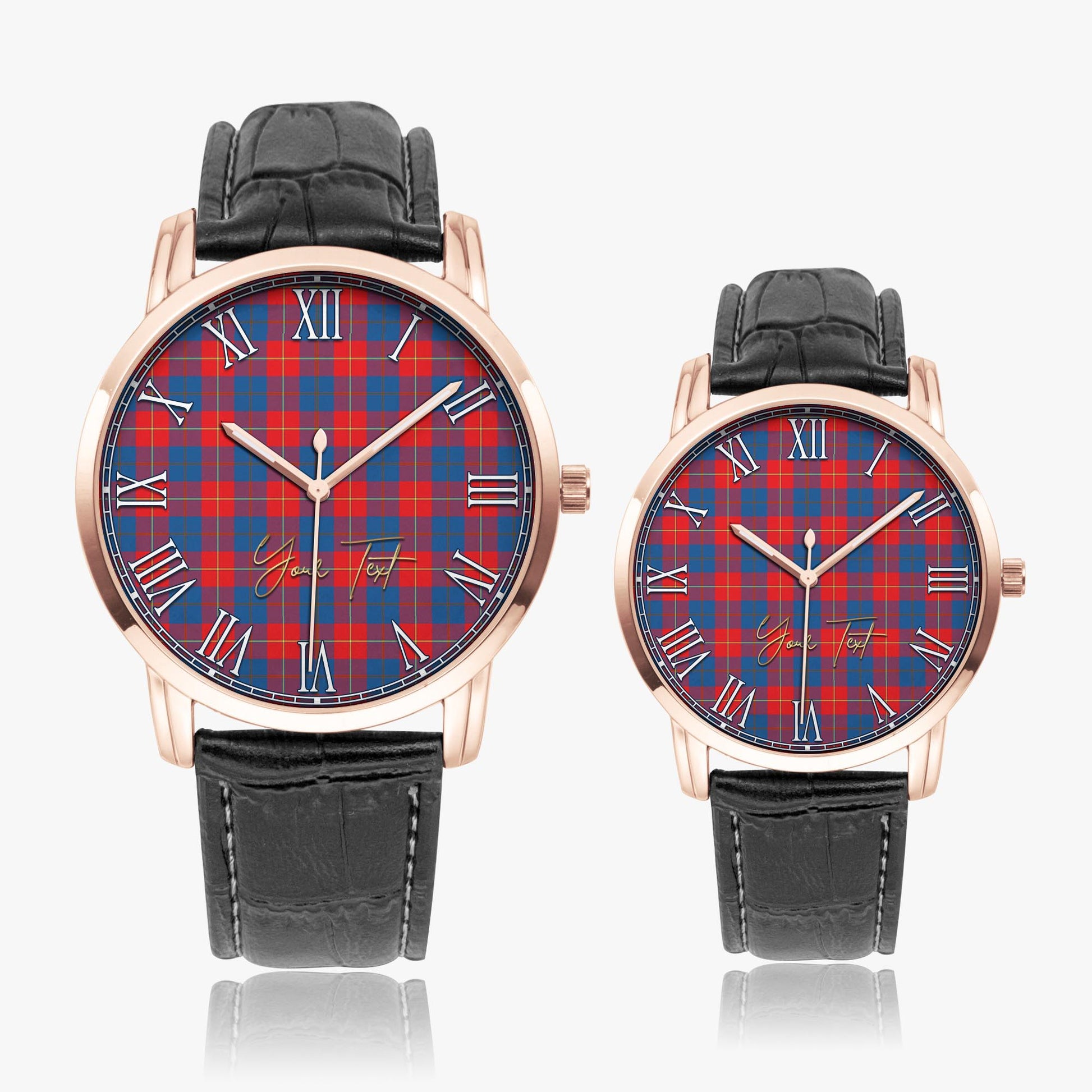 Galloway Red Tartan Personalized Your Text Leather Trap Quartz Watch Wide Type Rose Gold Case With Black Leather Strap - Tartanvibesclothing