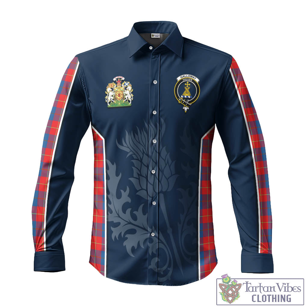 Tartan Vibes Clothing Galloway Red Tartan Long Sleeve Button Up Shirt with Family Crest and Scottish Thistle Vibes Sport Style