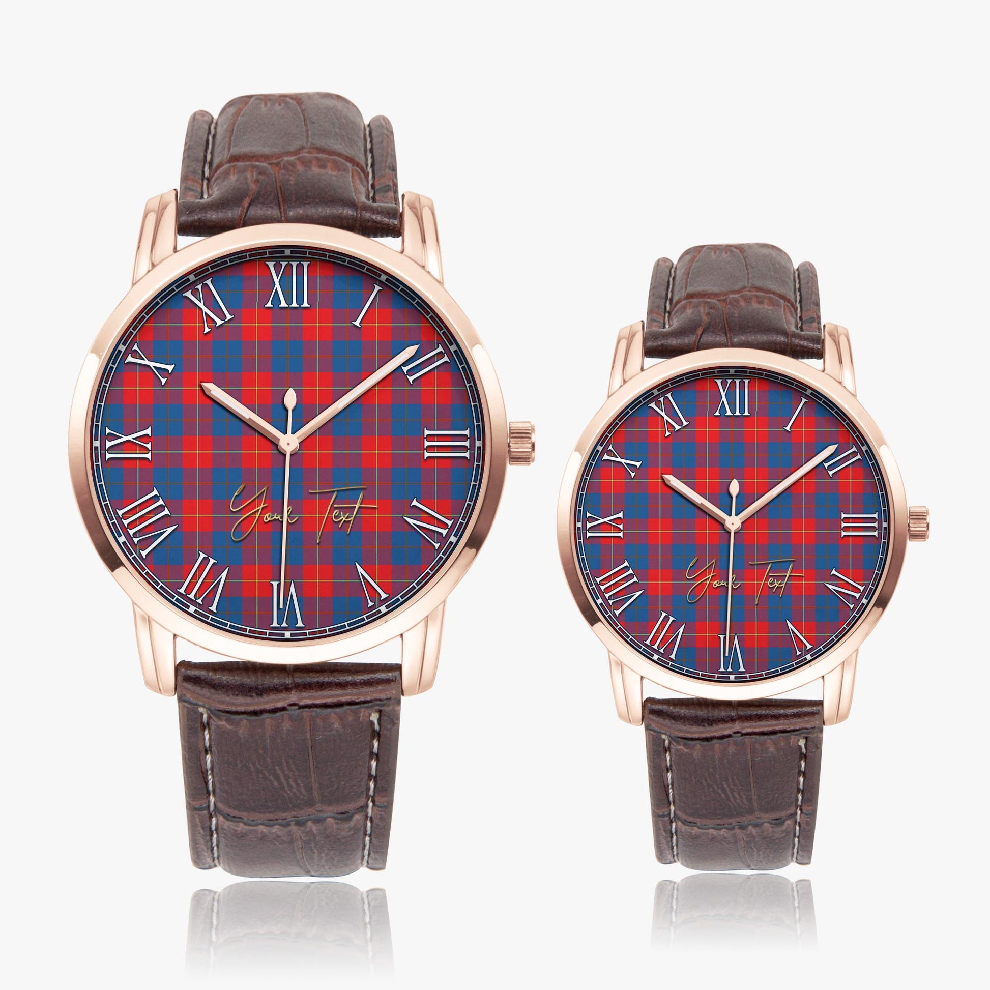 Galloway Red Tartan Personalized Your Text Leather Trap Quartz Watch Wide Type Rose Gold Case With Brown Leather Strap - Tartanvibesclothing