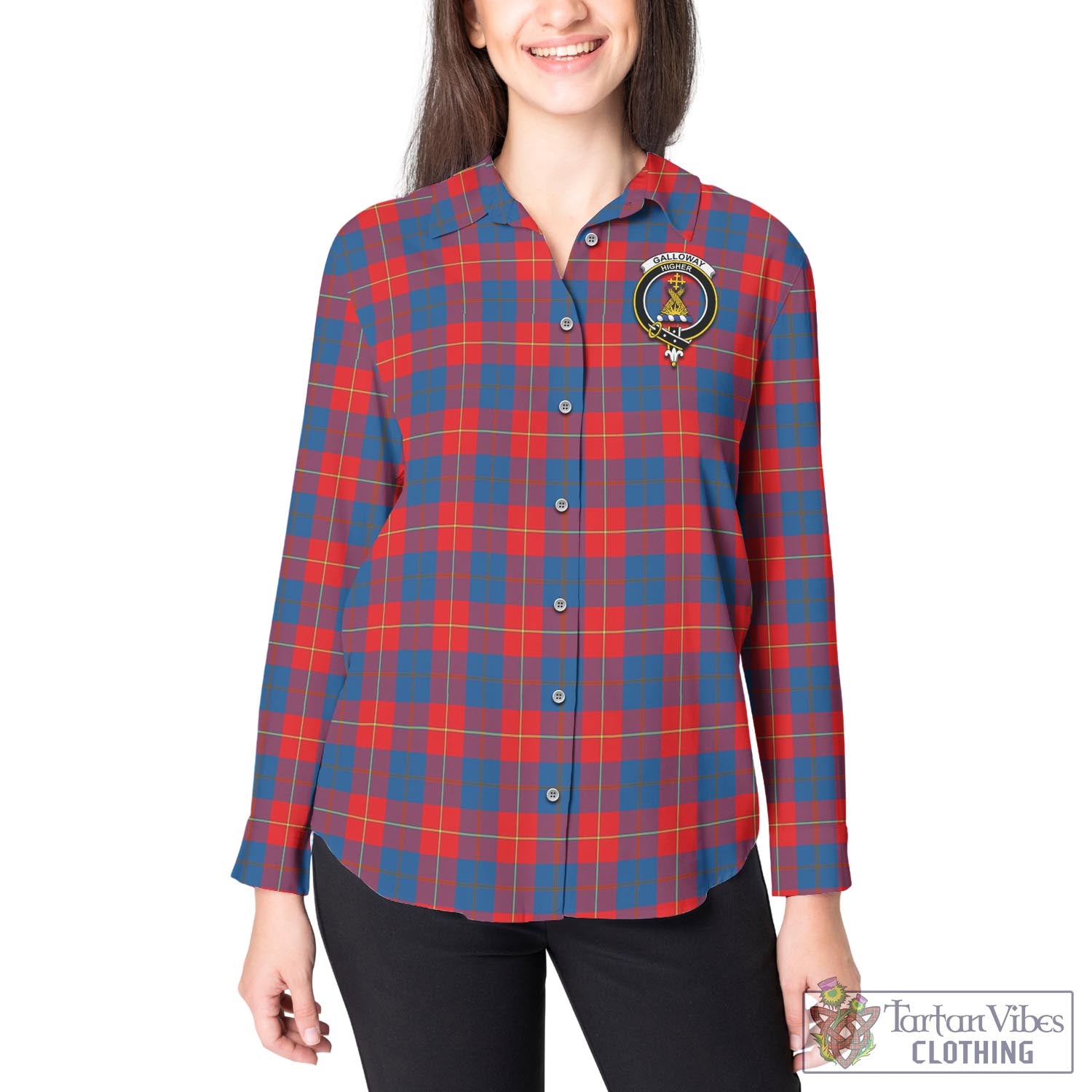 Tartan Vibes Clothing Galloway Red Tartan Womens Casual Shirt with Family Crest