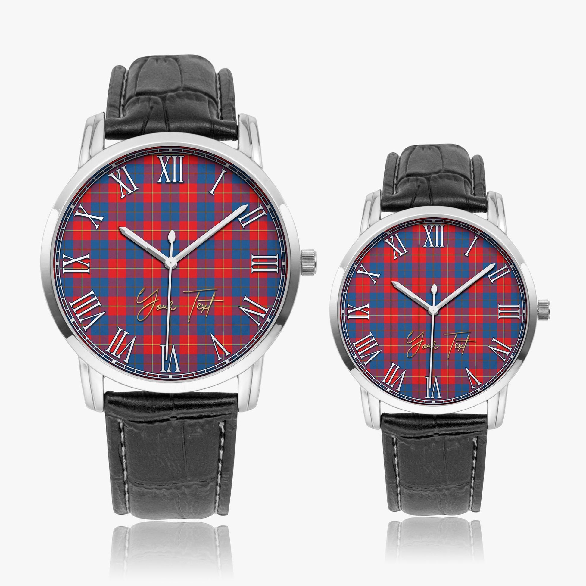 Galloway Red Tartan Personalized Your Text Leather Trap Quartz Watch Wide Type Silver Case With Black Leather Strap - Tartanvibesclothing