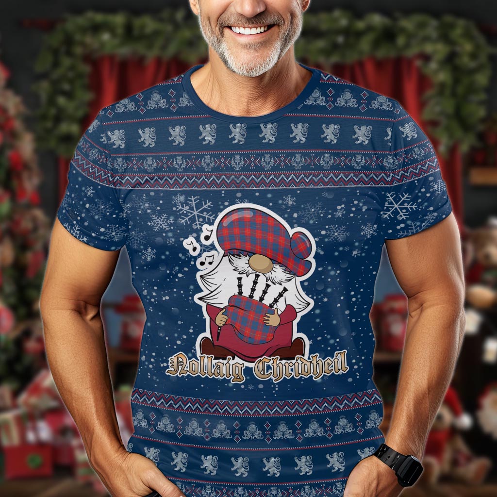 Galloway Red Clan Christmas Family T-Shirt with Funny Gnome Playing Bagpipes Men's Shirt Blue - Tartanvibesclothing