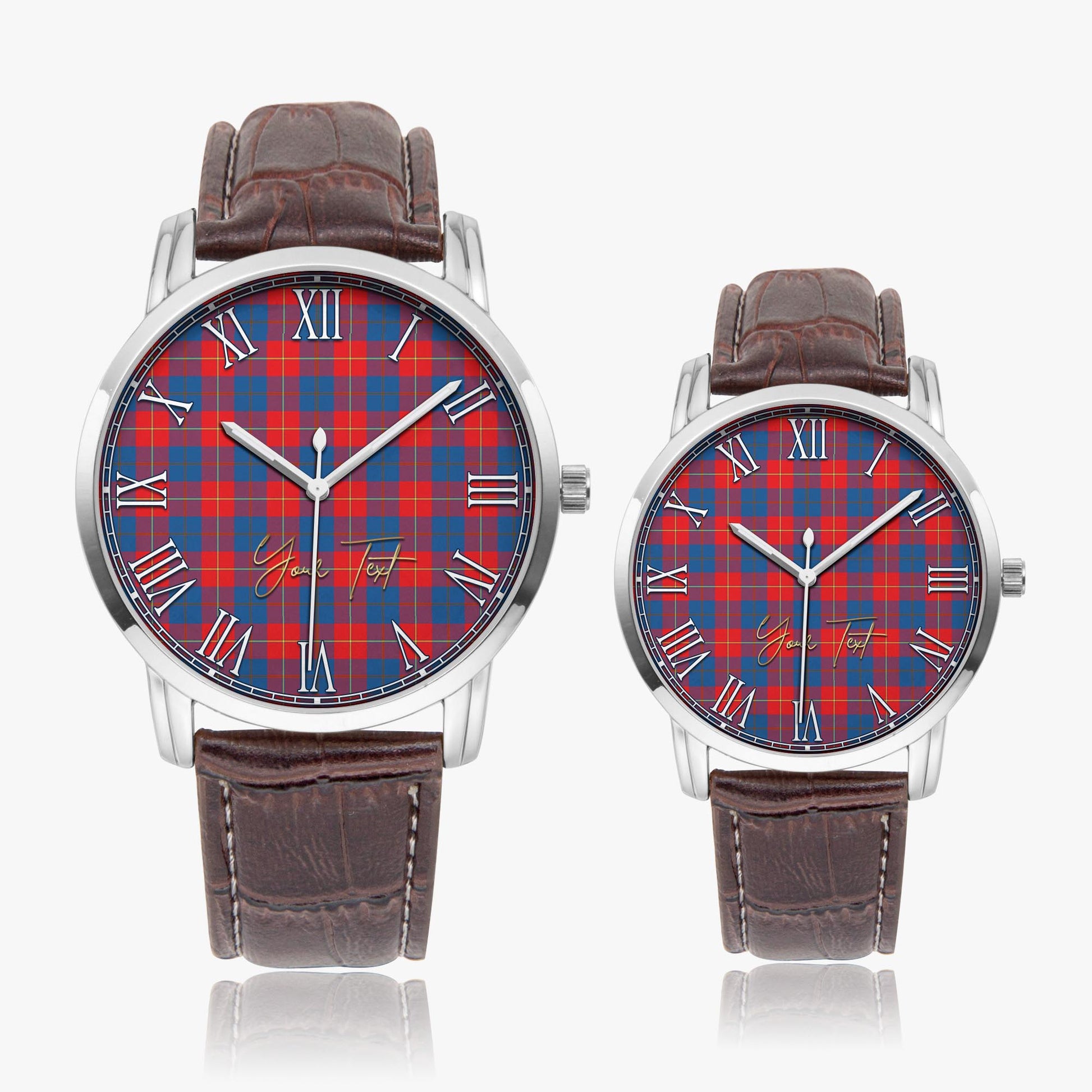 Galloway Red Tartan Personalized Your Text Leather Trap Quartz Watch Wide Type Silver Case With Brown Leather Strap - Tartanvibesclothing