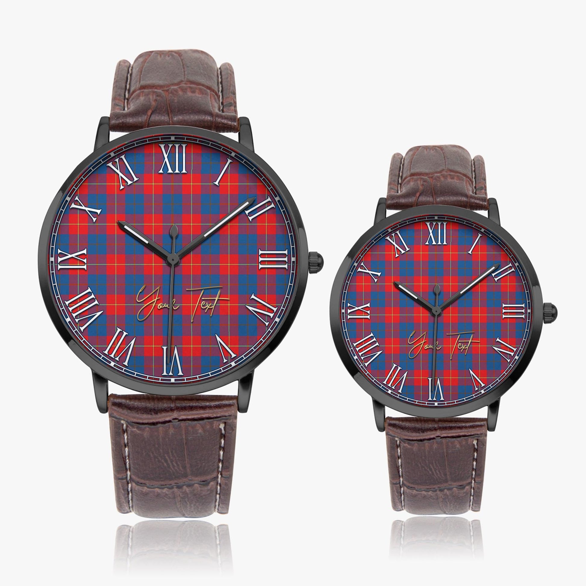 Galloway Red Tartan Personalized Your Text Leather Trap Quartz Watch Ultra Thin Black Case With Brown Leather Strap - Tartanvibesclothing
