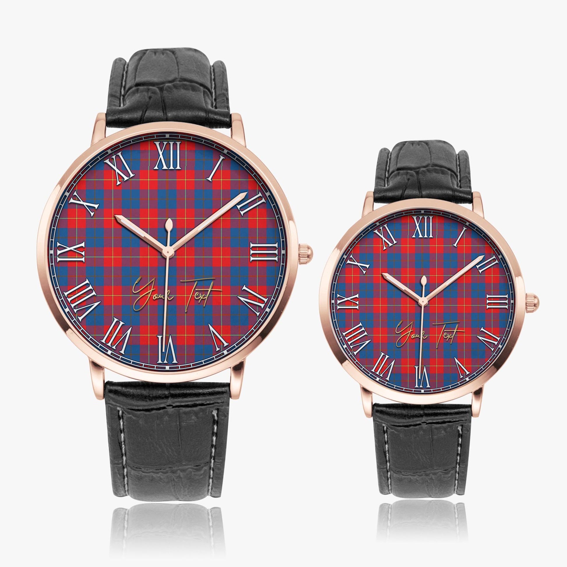 Galloway Red Tartan Personalized Your Text Leather Trap Quartz Watch Ultra Thin Rose Gold Case With Black Leather Strap - Tartanvibesclothing