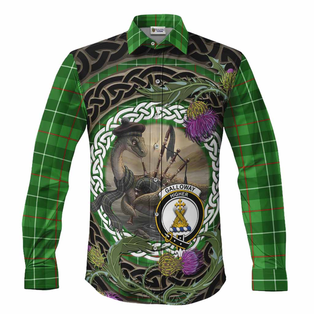 Galloway Tartan Crest Bagpipe Nessie Long Sleeve Button Shirts Scottish Loch Ness Monster Celtic Thistle