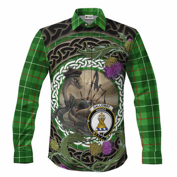 Galloway Tartan Crest Bagpipe Nessie Long Sleeve Button Shirts Scottish Loch Ness Monster Celtic Thistle