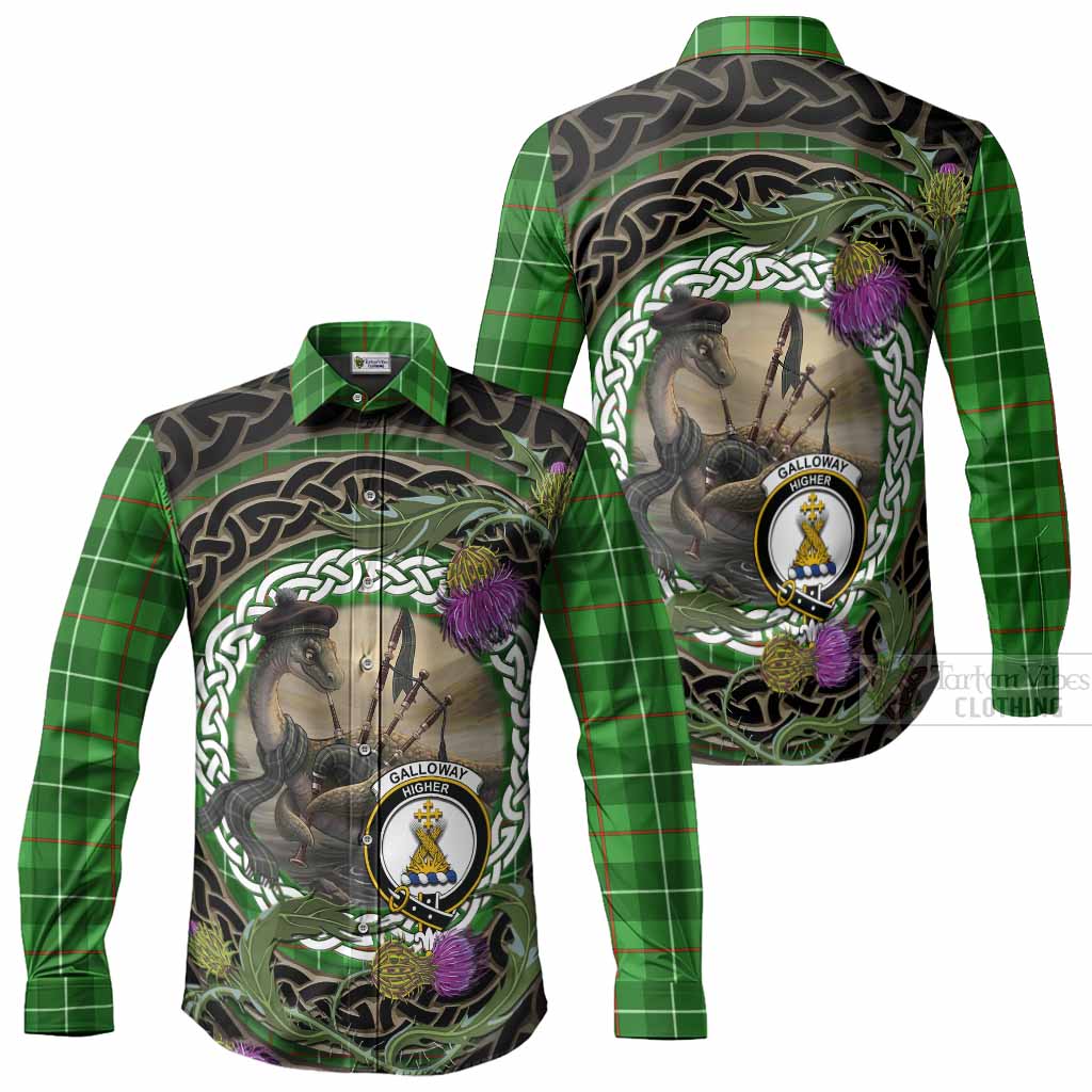 Galloway Tartan Crest Bagpipe Nessie Long Sleeve Button Shirts Scottish Loch Ness Monster Celtic Thistle