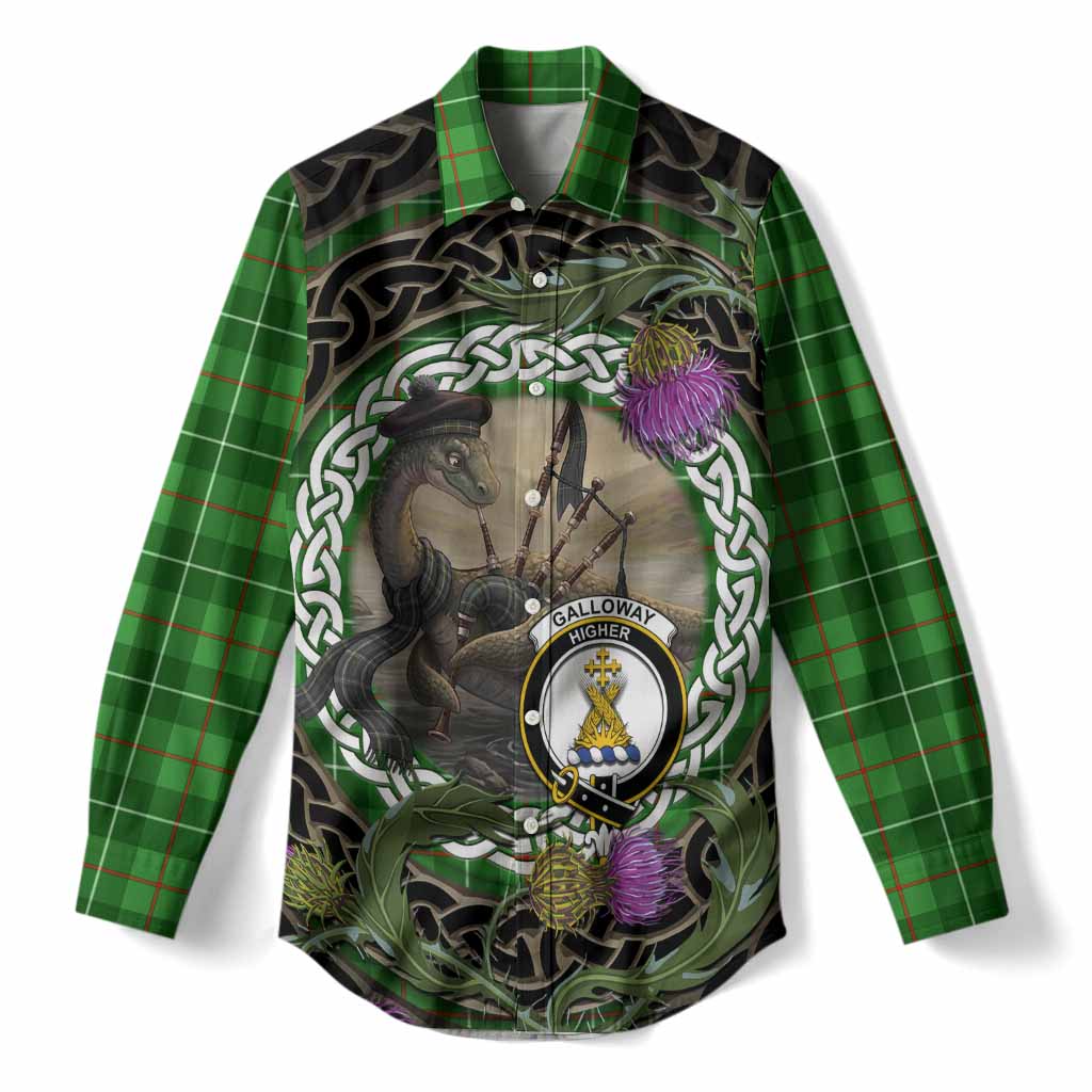 Galloway Tartan Crest Bagpipe Nessie Women Casual Shirt Scottish Loch Ness Monster Celtic Thistle