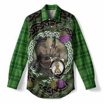 Galloway Tartan Crest Bagpipe Nessie Women Casual Shirt Scottish Loch Ness Monster Celtic Thistle