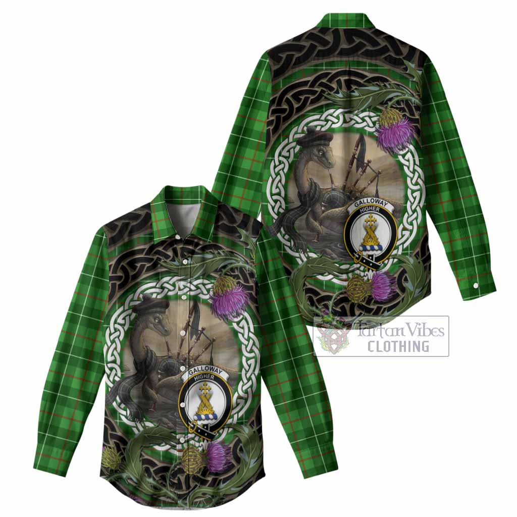 Galloway Tartan Crest Bagpipe Nessie Women Casual Shirt Scottish Loch Ness Monster Celtic Thistle