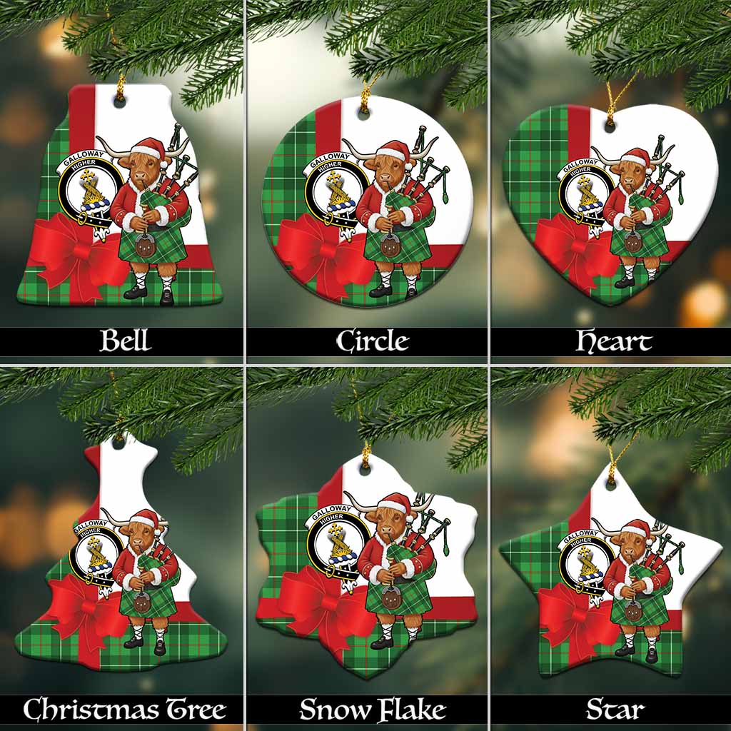 Galloway Tartan Crest Christmas Ceramic Ornament Highland Cow Bagpipes Coquette Bow Style