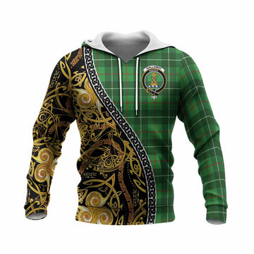 Galloway Tartan Crest Knitted Hoodie Celtic Knot and Triple Trickle Spiral Symbols