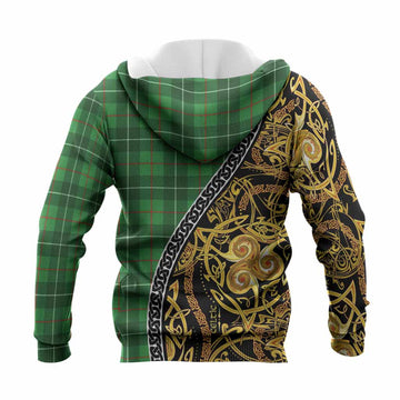 Galloway Tartan Crest Knitted Hoodie Celtic Knot and Triple Trickle Spiral Symbols