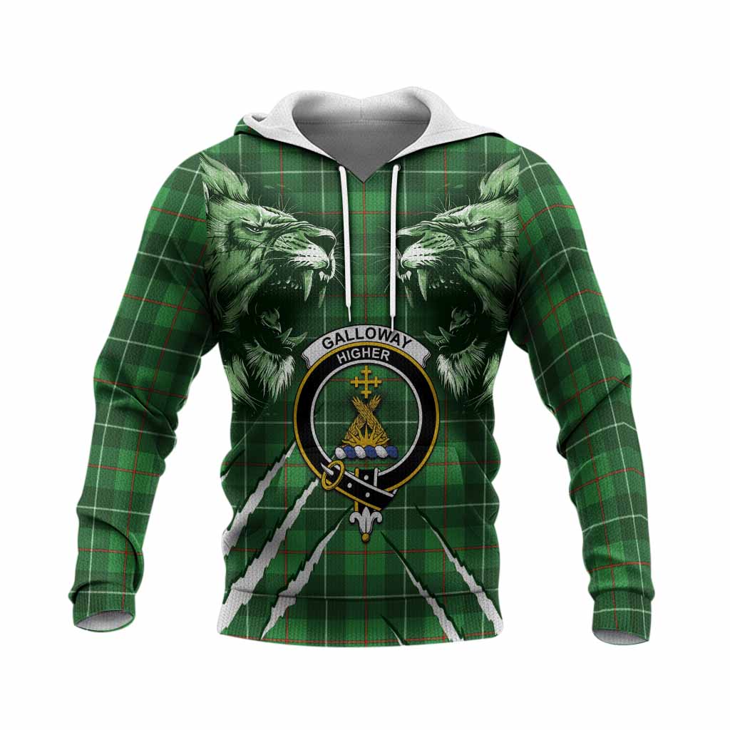 Galloway Tartan Crest Knitted Hoodie Ferocious Lion Style