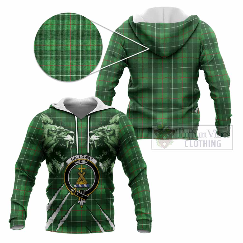 Galloway Tartan Crest Knitted Hoodie Ferocious Lion Style
