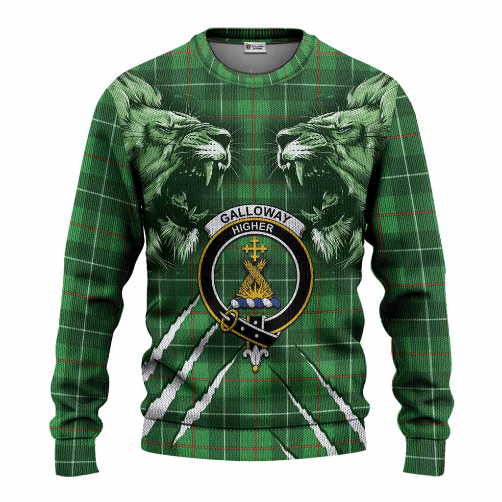 Galloway Tartan Crest Knitted Sweater Ferocious Lion Style