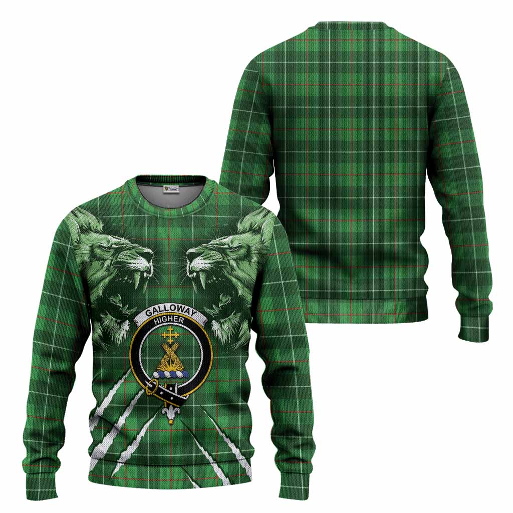 Galloway Tartan Crest Knitted Sweater Ferocious Lion Style