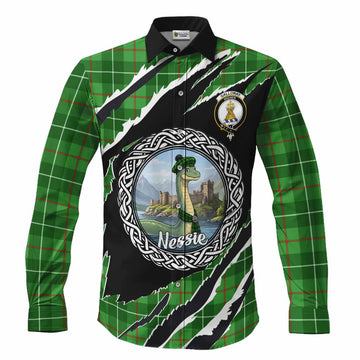 Galloway Tartan Crest Loch Ness Monster Long Sleeve Button Shirts Celtic Knot Nessie Art