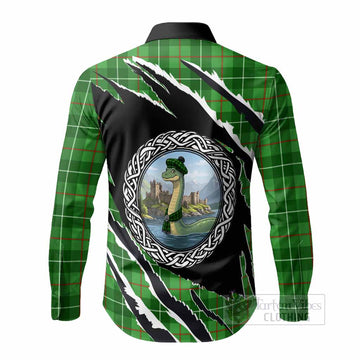 Galloway Tartan Crest Loch Ness Monster Long Sleeve Button Shirts Celtic Knot Nessie Art