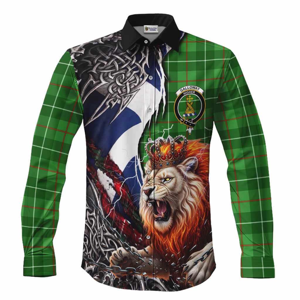 Galloway Tartan Crest Long Sleeve Button Shirts Heritage Flag Grunge Celtic Knot and Lion Rampant