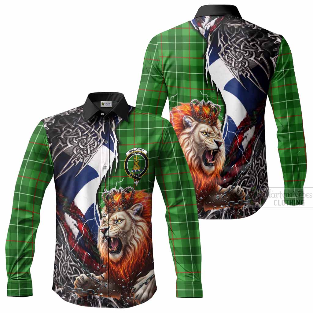 Galloway Tartan Crest Long Sleeve Button Shirts Heritage Flag Grunge Celtic Knot and Lion Rampant